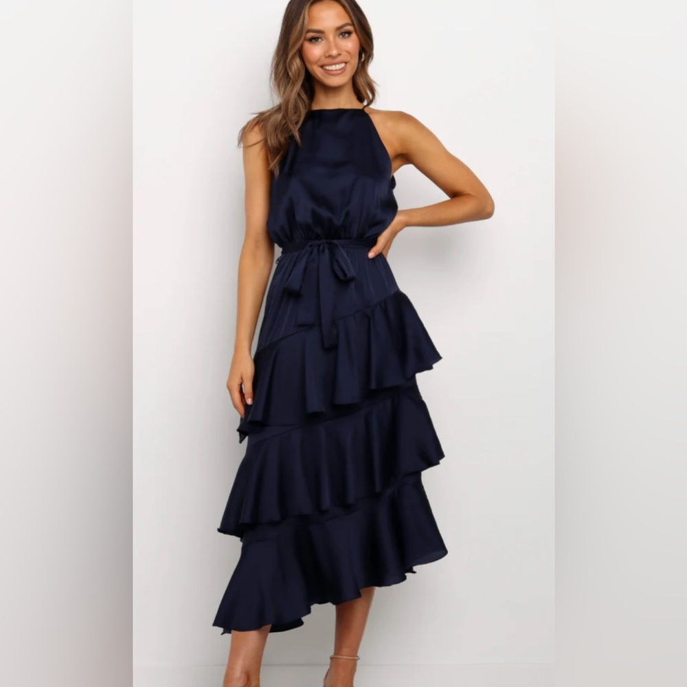 Petal & Pup Navy One-Shoulder Tiered Ruffle Dress